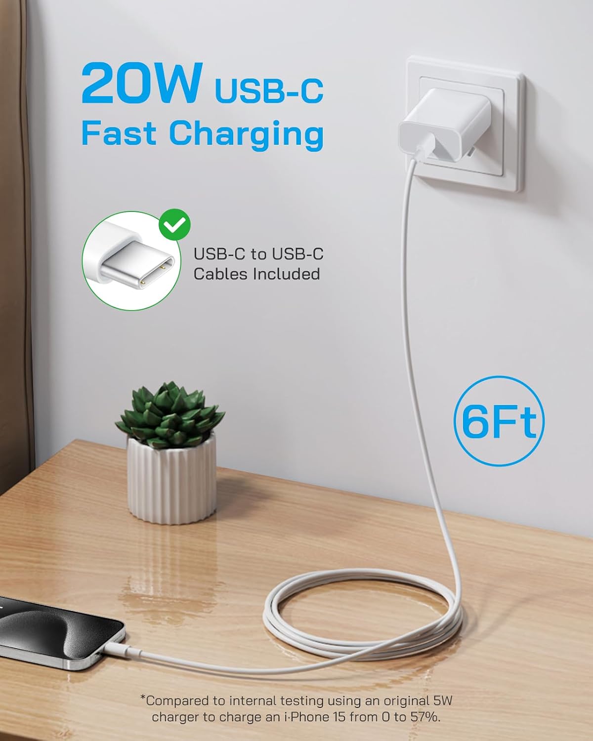AISNI iPhone 17/16/15 Charger Fast Charging 3 Pack Type C Chargers | 20W USBC Charger Block for iPhone 17 16 15 Pro max iPad Pro with Long 6 FT iPhone USB C Cable-White