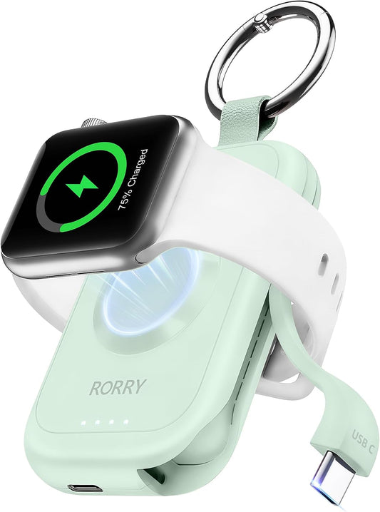 RORRY CharmGo for Apple Watch Charger, 2500mAh Portable Charger for iWatch | Fast Charging Travel Keychain Charger with Built-in USB C Cable for Apple Watch Ultra Ultra Series 11 10 9 8 7 6 3 2