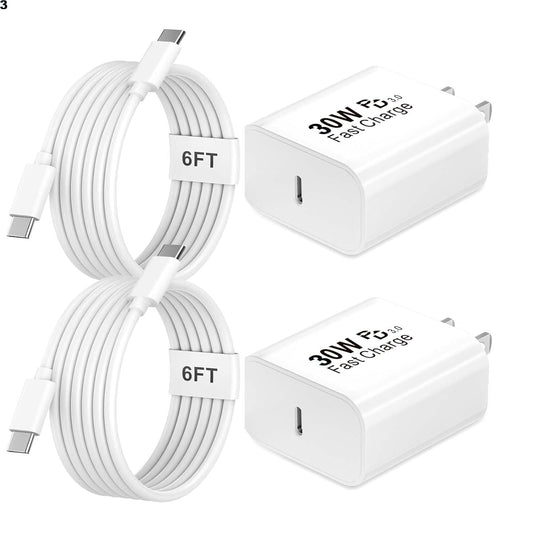 30W USB C Charger Block 2-Pack with 6FT 60W USB C to USB C Cable for iPhone | Built-In Smart Chip Full Safety Protection, for Bedroom & Office, Compatible with iPhone 17/16/15 Series, iPad Samsung Galaxy