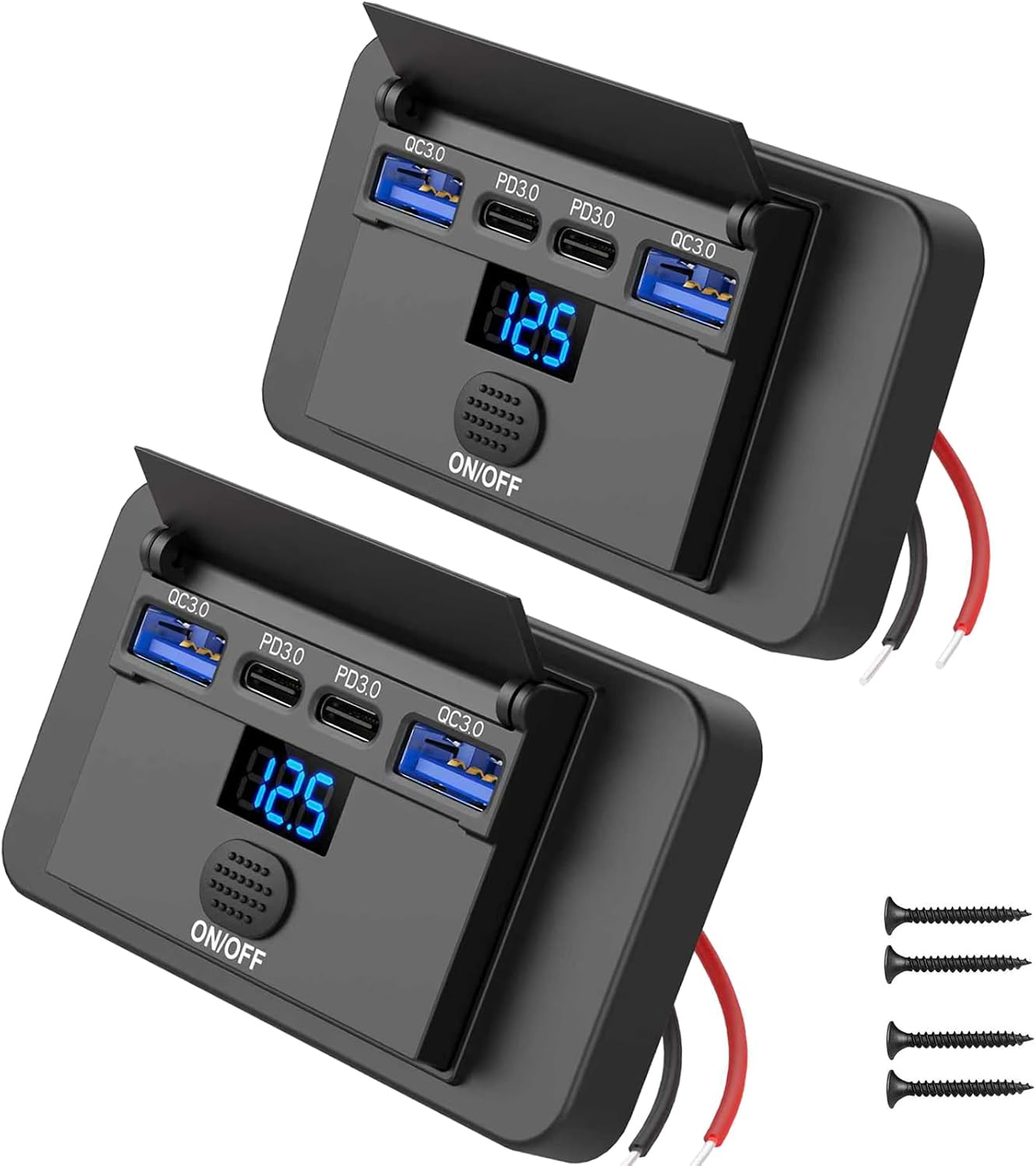84W 4 Port 12V USB Outlet Surface Mount with Voltmeter, 36W PD and Dual 18W QC3.0 Car USB Port Lightweight Charger Socket Replacement Panel with Button Switch for Bus RV Truck Marine Golf Cart