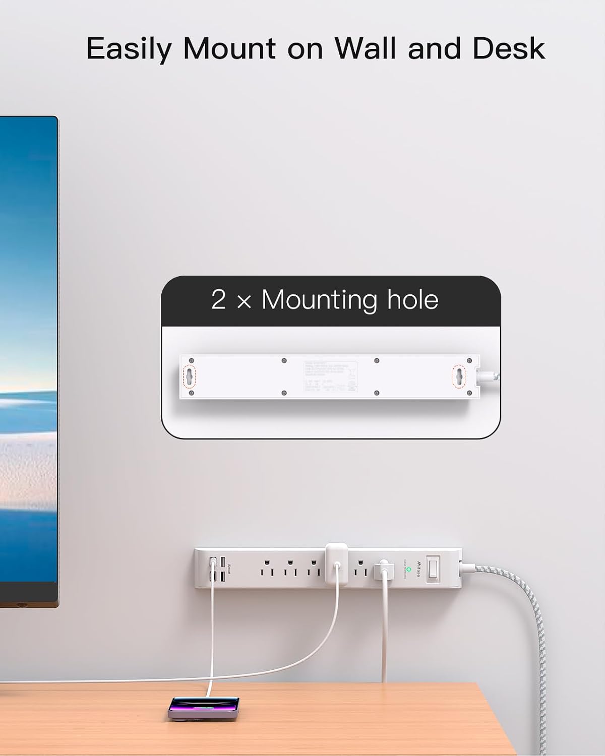 Mifaso Surge Protector Power Strip 10FT, Flat Plug, 6 AC & 4 USB (2 USB-C) | Desk Charging Station, Long Extension Cord with Multiple Outlets, Wall Mountable for Home, Office, Dorm Essentials, 1080J