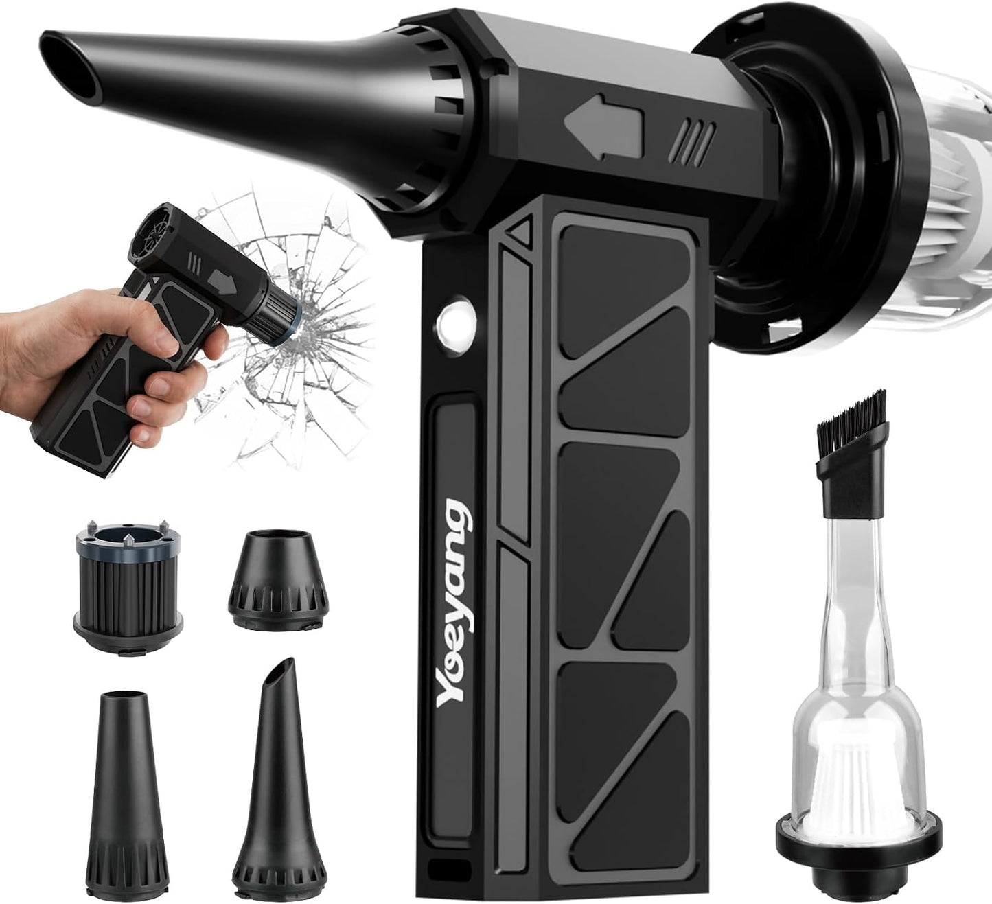 Compressed Air Duster, Industry-First O-Shaped Air Duct 13-Blade Dual-Layer | 4 Gear 6-in-1 Cordless Electric Mini Blower, Vacuum & Inflator, LED Light & Window Breaker for PC, Car, Home, Outdoor