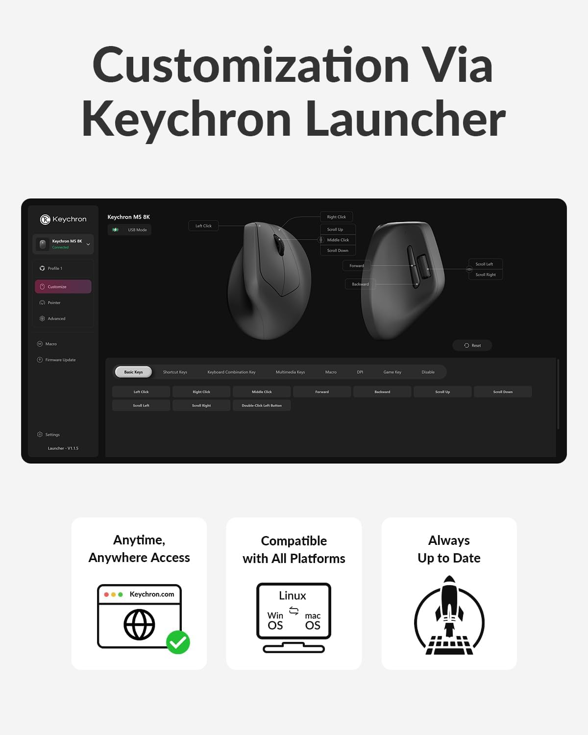 Keychron M5 8K Vertical Ergonomic Mouse Wireless, 2.4 GHz/Bluetooth 5.3/Wired Computer Mice Rechargeable, 5 Levels Up to 30K DPI with Programmable Buttons for Laptop macOS/Windows - Black
