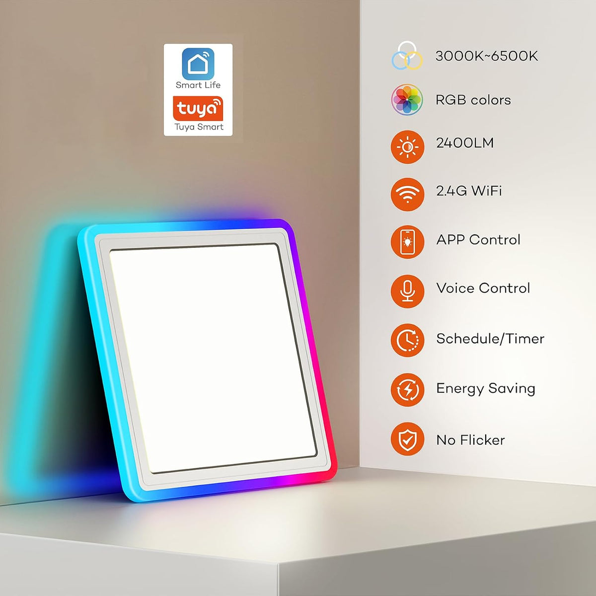 Annaror Smart LED Ceiling Light WiFi, 13in RGB Flush Mount Lighting Fixture with Remote, Compatible with Alexa Google Home, Low Profile Ceiling Light for Bedroom, Kitchen, Square White