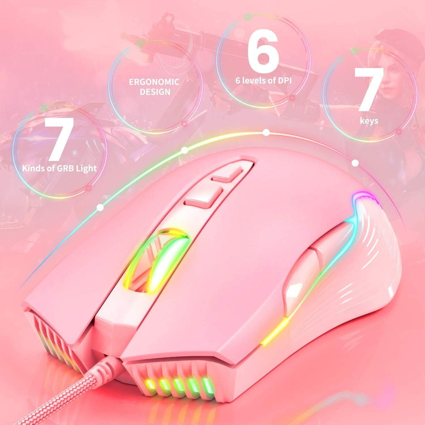 RGB Gaming Mouse Wired, 6400 DPI & 7 Buttons, Pink | USB optical mouse - 6 adjustable DPI levels & 7 programmable buttons, ergonomic design for laptop/Windows PC/Vista/Linux/Mac