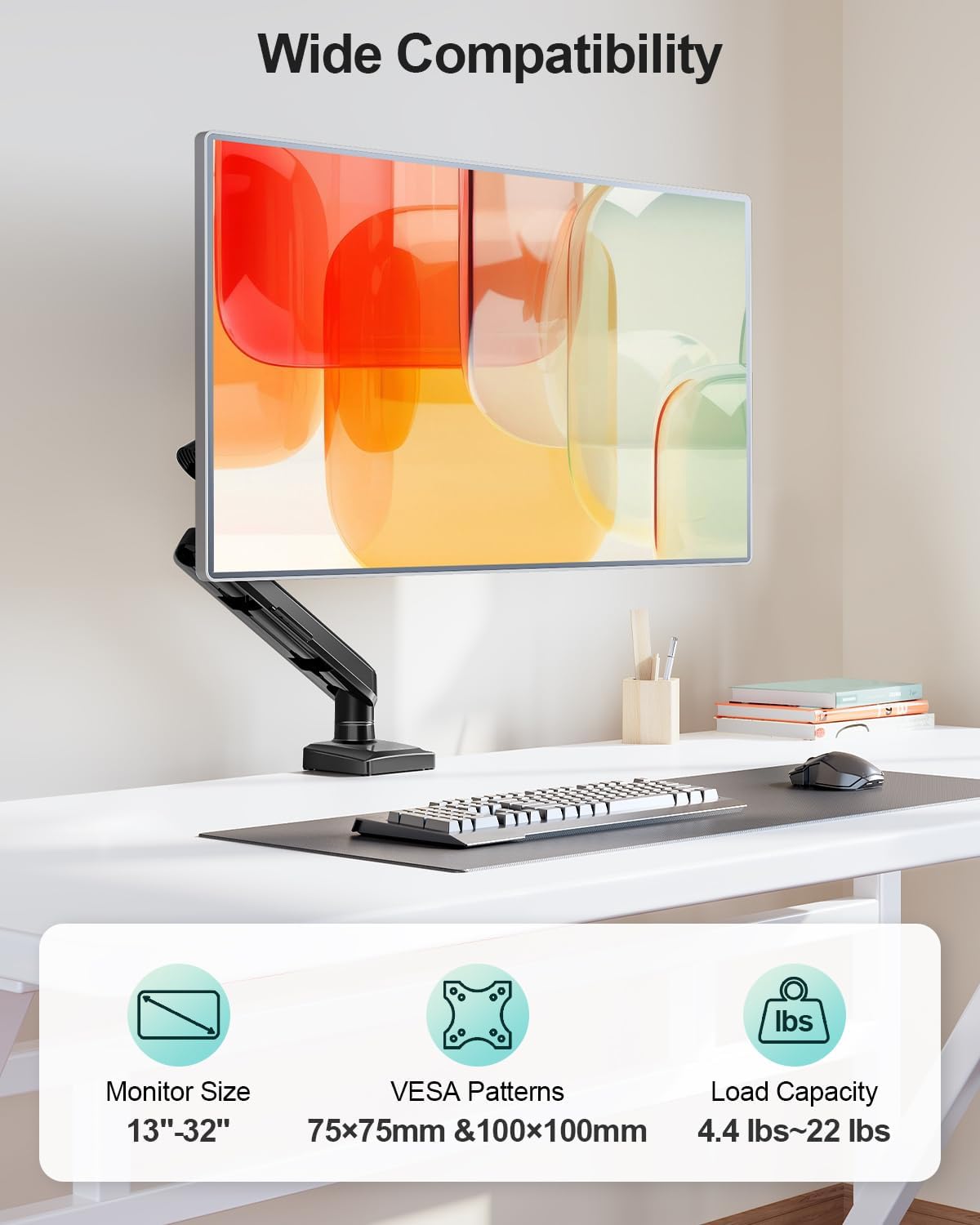 Single Monitor Desk Mount, 13-32 inch Adjustable Full Motion Monitor Arm, Computer Monitor Stand Holder with Clamp and Grommet Base, Fits 4.4 to 22lbs Screens, VESA Mount Bracket, Black, Freelift Pro