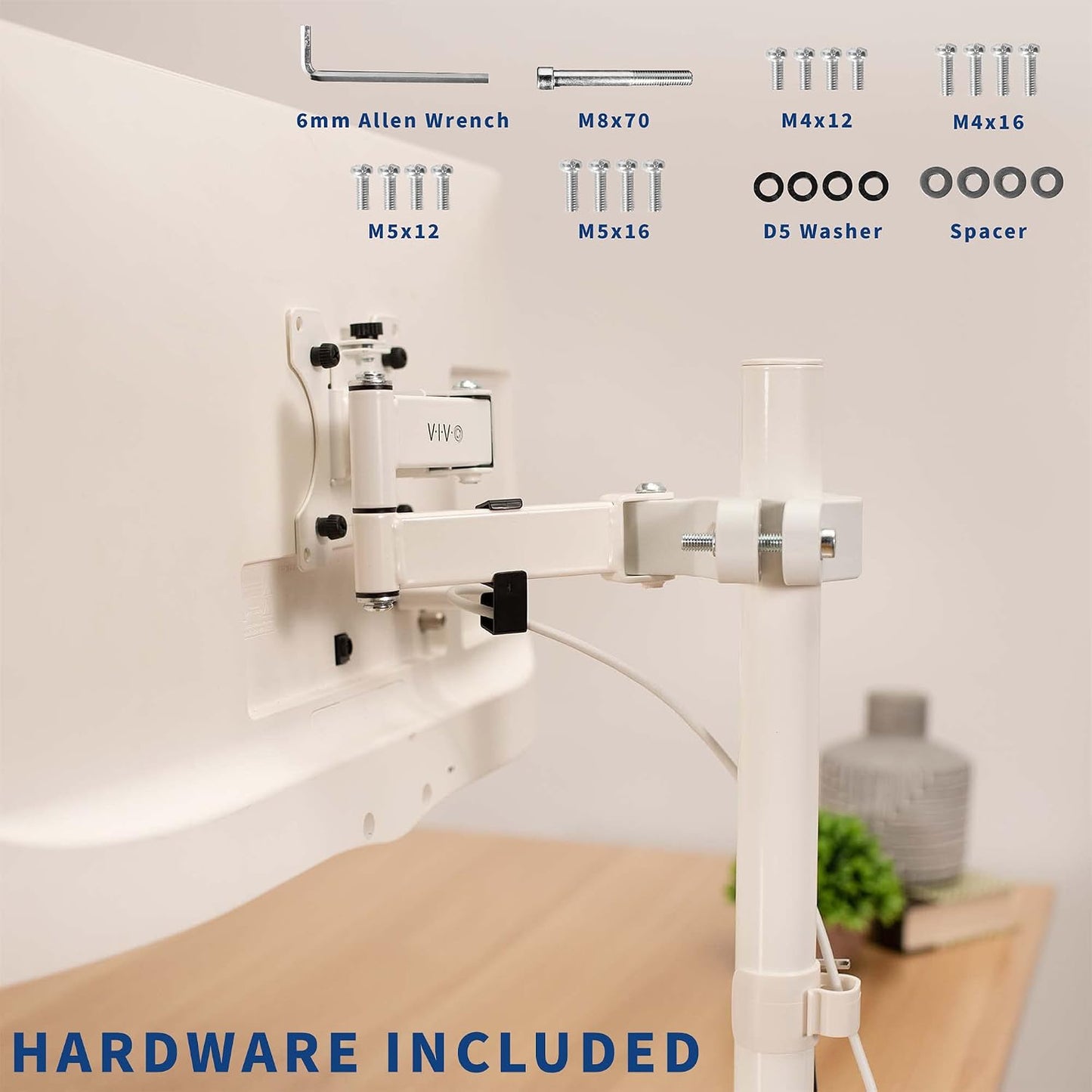 VIVO White Pole Mount Monitor Arm for 17 to 32 in Screen, MOUNT-POLE01AW | Universal, Heavy Duty Steel Design, Full Motion VESA Monitor Arm, Removable 75mm and 100mm VESA Plate