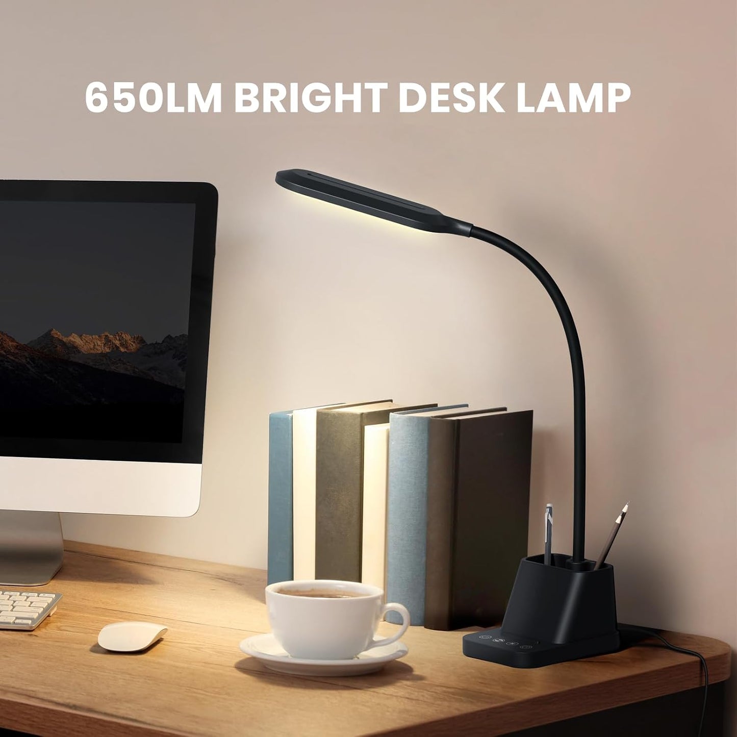 AXX LED Desk Lamp with USB Charging Port for College Dorm Room | for Home Office Bedrooms, Back to School, Black, Small, 650LM, Pen Holder, Timer Settings, Gooseneck, Study Light