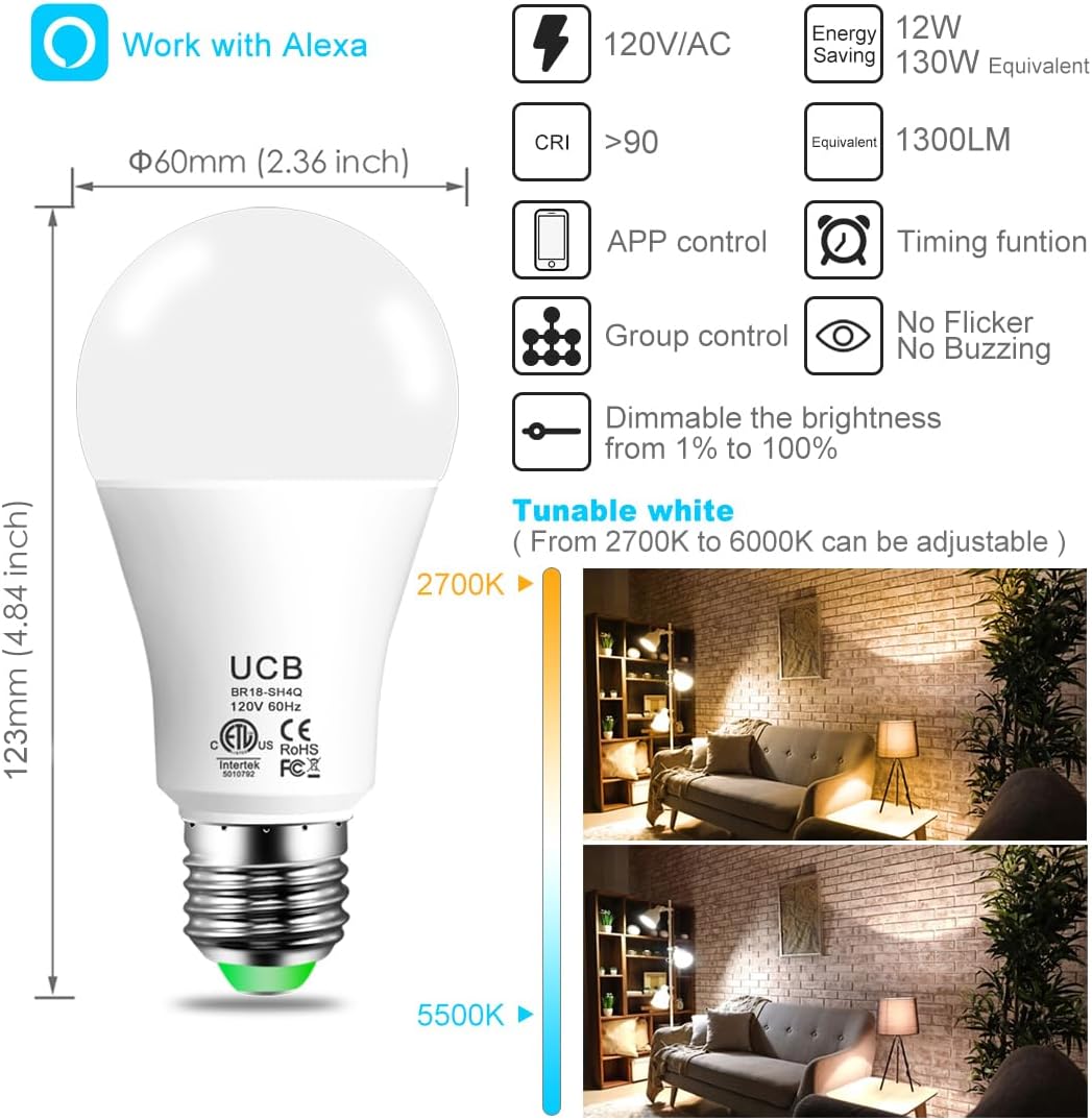 UCB Smart Light Bulbs Compatible with Alexa 130W Equivalent, 2700K-6000K