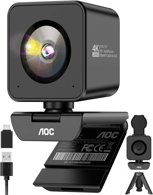 AOC 4K Webcam for PC, Sony Sensor, 1080P 60FPS Streaming Camera with PDAF | Computer Camera for Zoom/Mac/Switch 2, Privacy Cover, Plug & Play, 75° FOV, Tripod, USB A-C Adapter Included
