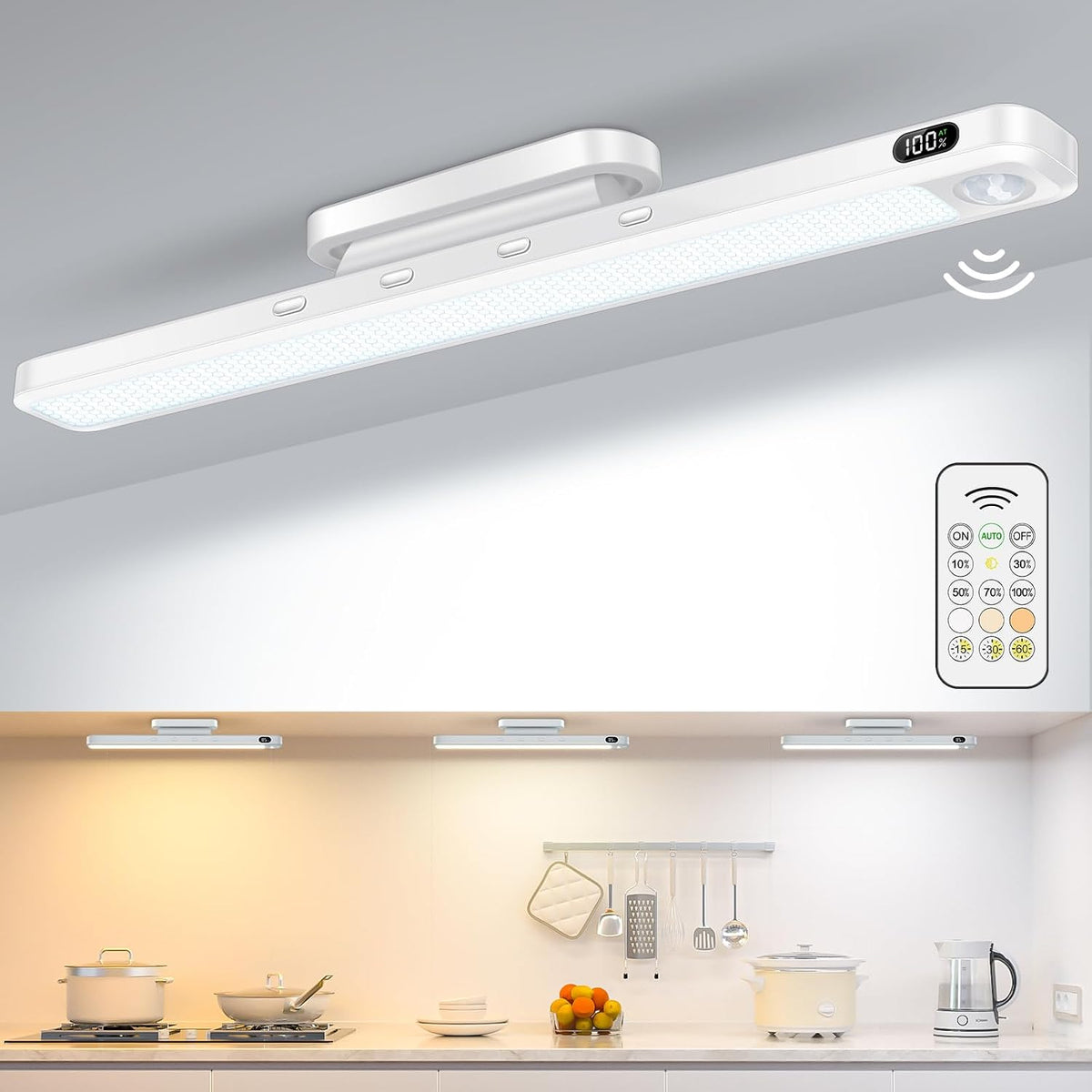 WILLED 3W Motion Sensor Rechargeable Light Bar with Remote, Eye-Care Under Cabinet Lights with Battery Level Display, Vanity Lights for Mirror, Led Light Bar for Cabinet, Closet, Desk and Bathroom