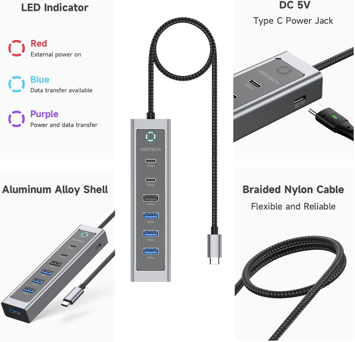 RSHTECH 7-Port USB C Hub 10Gbps with 3 USB-3.2 (2C + 1A), 4 USB-3.0 Ports