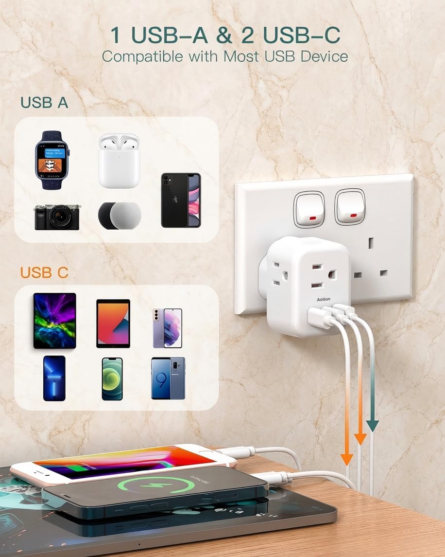 Addtam US to UK Ireland Travel Plug Adapter, Type G Power Plug Adapter with 3 Outlets 3 USB Ports(2 USB C), UK Adapters for Travel for USA to Dubai England London Scotland British Kenya Irish Hongkong