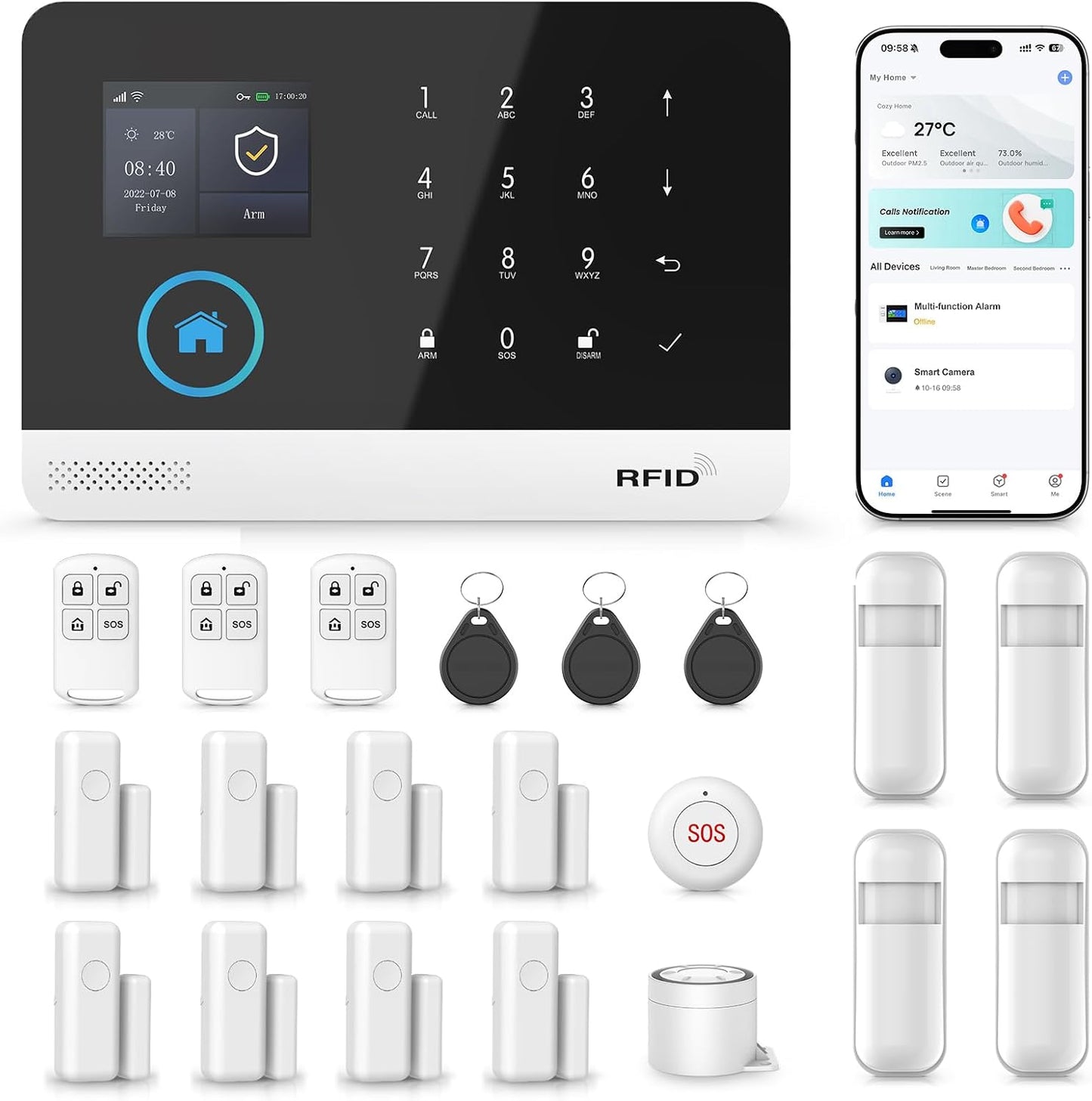 Wireless Home Security System,21Pcs DIY Kit with Motion Sensors,SOS Button,Remote,Door/Window Sensors,APP Insta Alert Compatible with Alexa,for Smart Life or Tuya APP,NO Monthly Fees