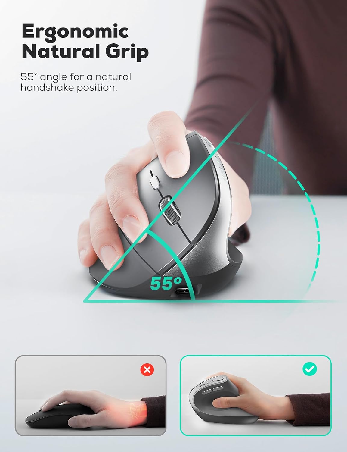 Nulea MD280 Ergonomic Vertical Wireless Mouse - Bluetooth & 2.4G Dual Mode, 4 Adjustable DPI 800/1200/1600/2400, Rechargeable, Silent Clicks, No Lag, 6 Buttons - Perfect for Laptop, Desktop Grey