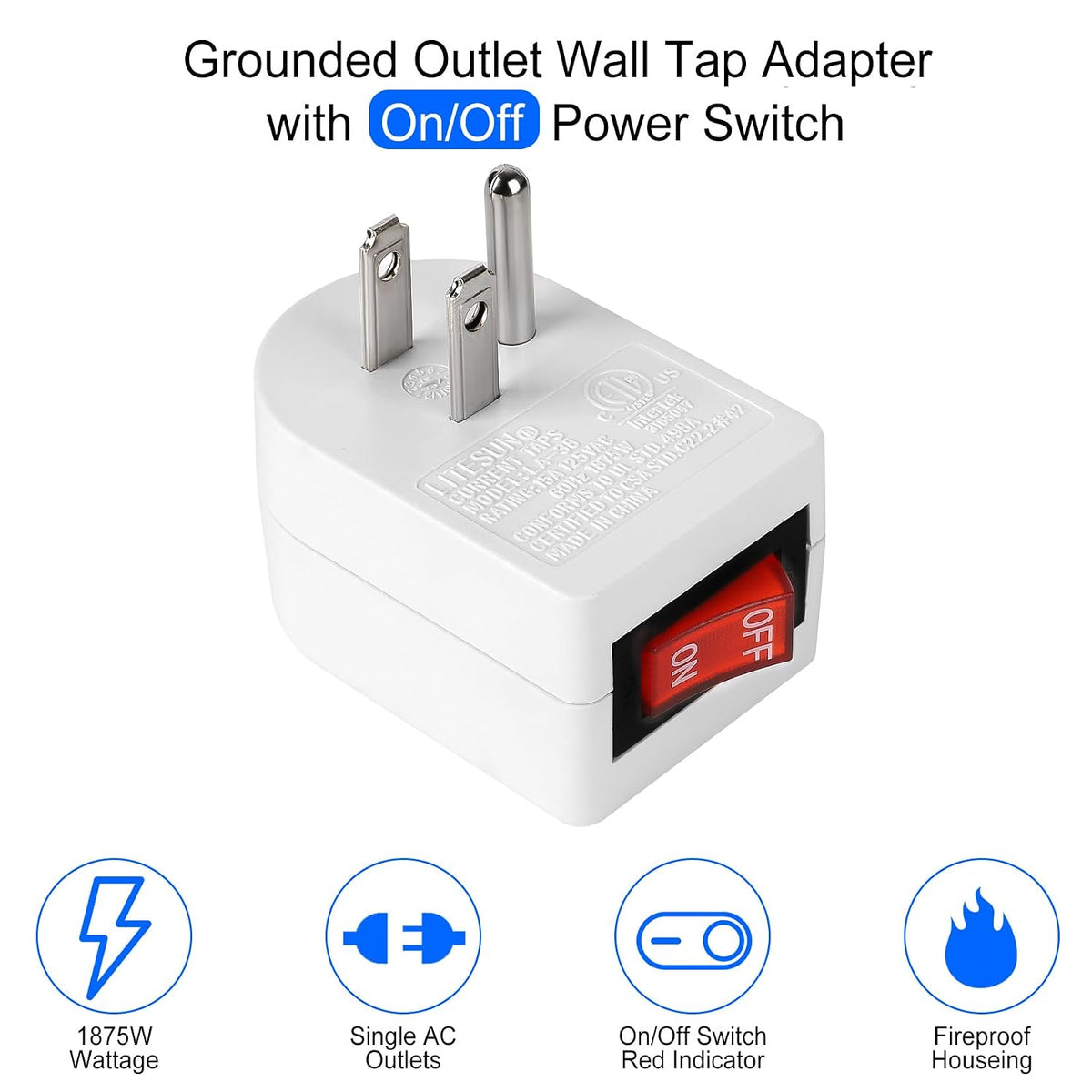 VSEER Grounded Outlet with ON Off Switch, Single Power Adapter Outlet Switch 15A 1875W/3 Prong Plug Switch in White, ETL Listed (White, 4 Pack)