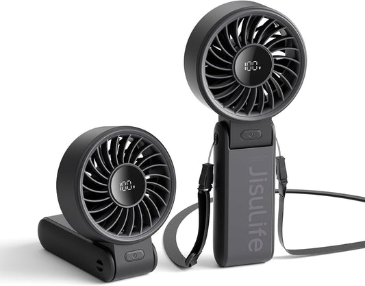 JISULIFE Portable Handheld Fan Life7: 3-in-1 Hand, Desk & Neck Fan-Black | 19.5H Max Cooling, 5-Speed, LED Display, 5000mAh Rechargeable,USB Foldable Fan for Travel/Concerts/Cruise/Sports Events/Gifts