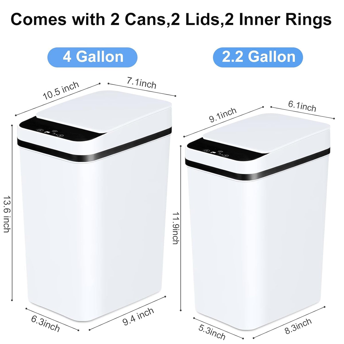 Anborry Bathroom Trash Cans with Lid 2 Pack Touchless Automatic Motion Sensor 2.2 Gal & 4 Gal Small Garbage Can, Smart Electric Narrow Garbage Bin for Bedroom Office Kitchen (White)