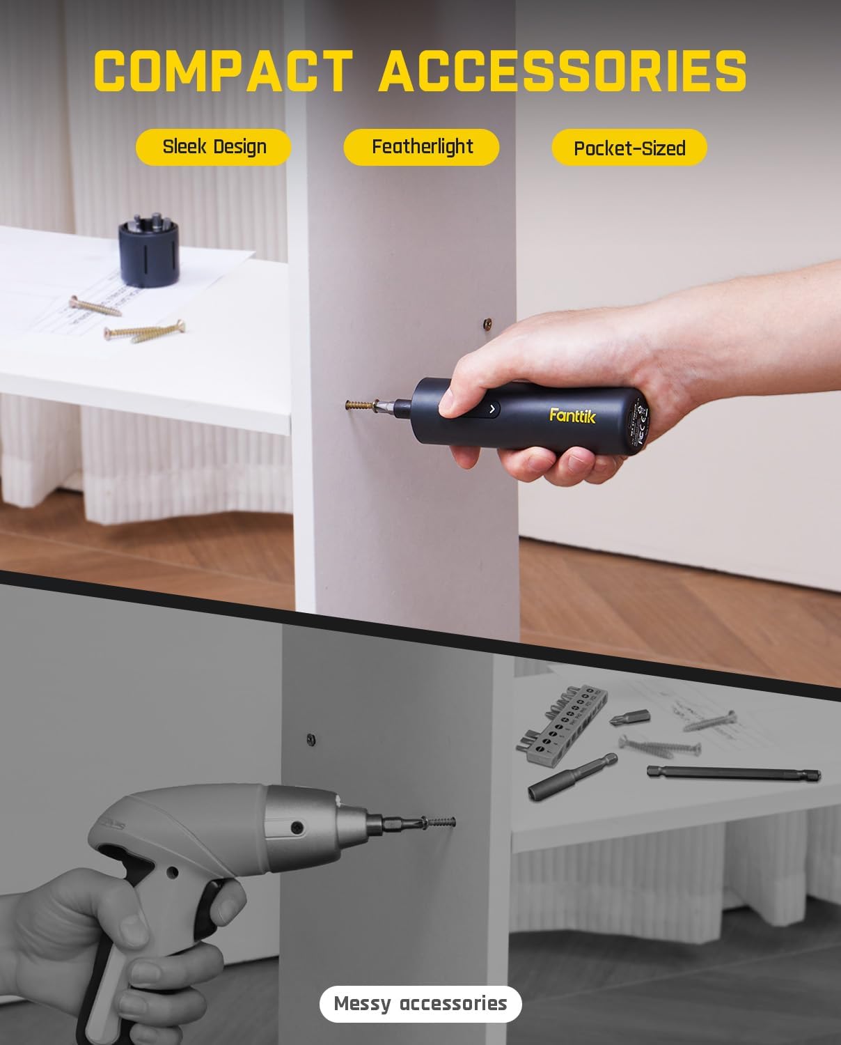 Fanttik S1 Capsule Cordless Screwdriver, Electric Screwdriver(Grey) | Max 5 N.m, 320 RPM Motor, 5 Pcs Double-Ended Bits, Compact Design, LED Light, 1/4''Hex, Idea Tool for Furniture, Appliances