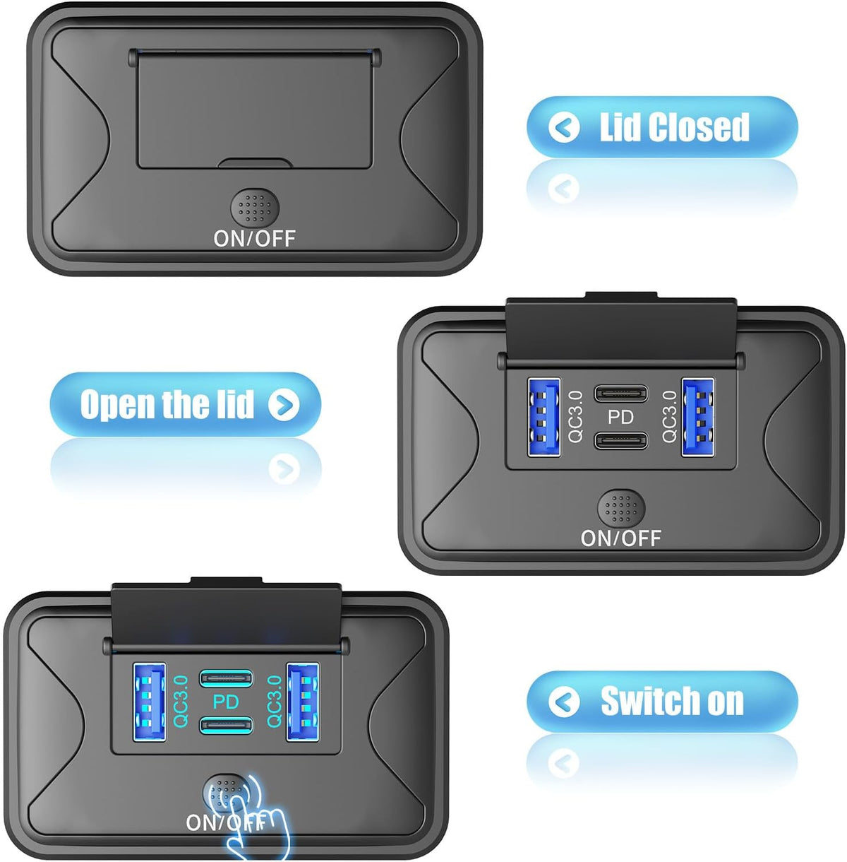 2 Pack 78W 4 Port 12V USB Outlet Wall Mount, Dual 36W PD & Dual 18W QC3.0 Lightweight Surface Mount Charger Socket Panel with Button Switch for Bus RV Truck Marine Golf Cart