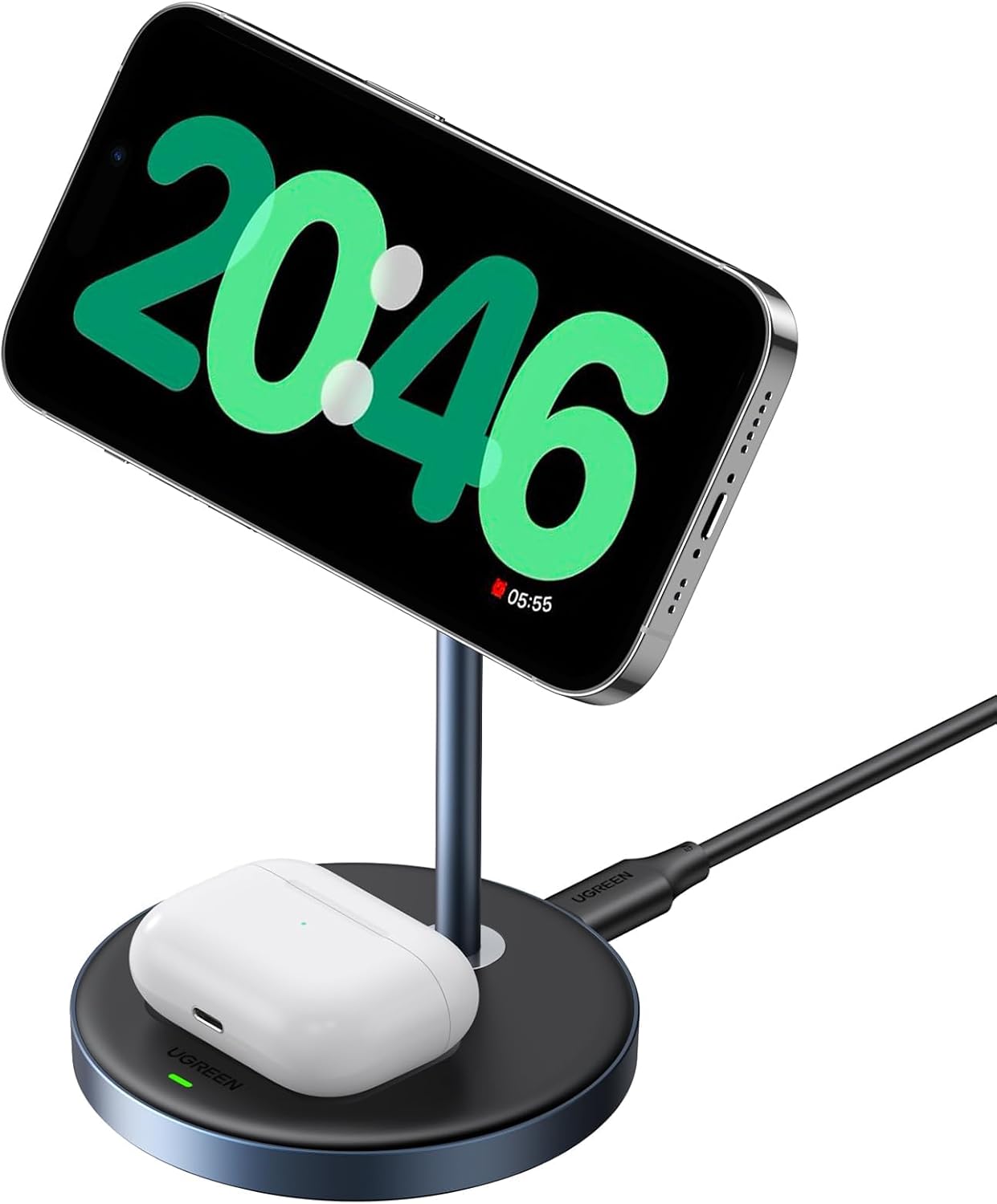 UGREEN MagFlow 2-in-1 MagSafe Compatible Wireless Charging Stand | Fast Wireless Charger for iPhone 12-17 Series and AirPods, 3FT Cable (Adapter Not Included)