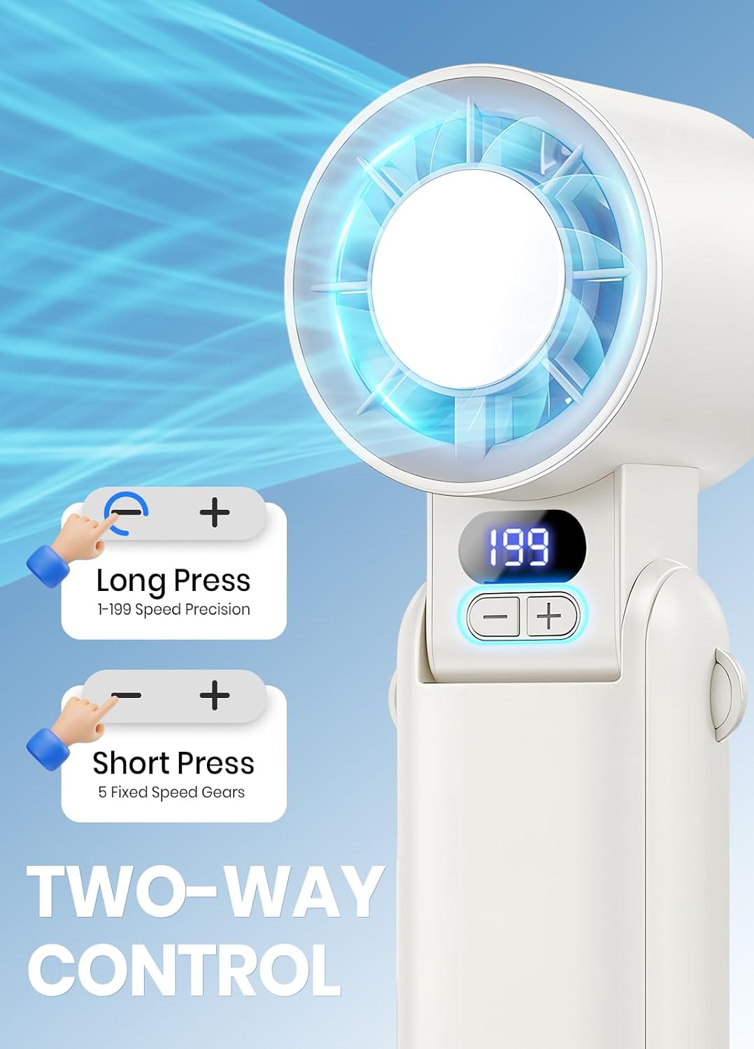 Portable Handheld Turbo Fan, 1-199 Speed Adjustable, White | 4 IN 1 Pocket Design with LED Display, High-Power Motor, Rechargeable Battery, Mini Fans for Indoor/Outdoor/Travel/Work