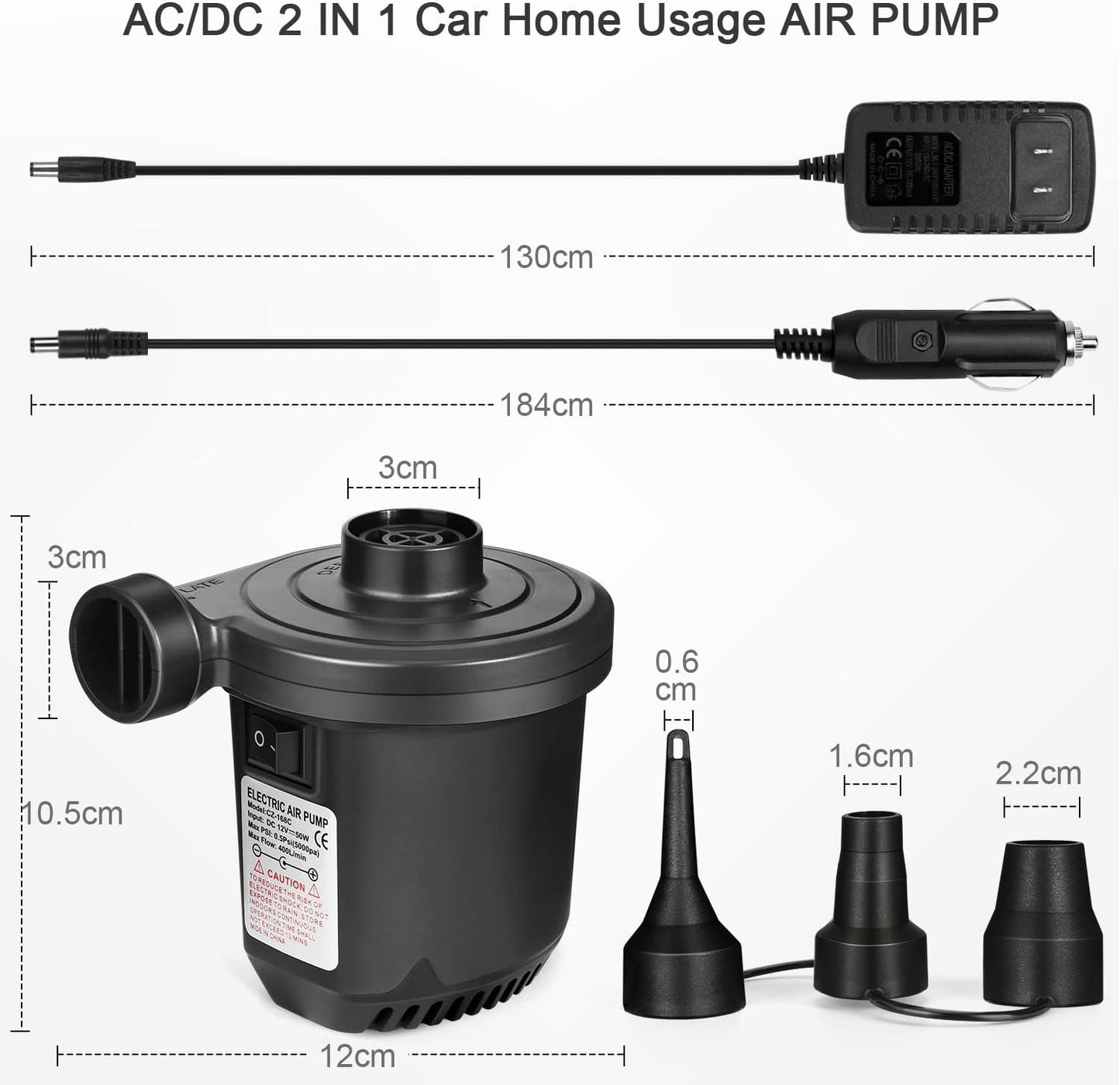 Air Pump for Inflatables, Portable Quick-Fill Electric Air Mattress Pump with 3 Nozzles, Inflator & Deflator Pumps for Outdoor Camping, Pool Floats, Inflatables Couch, Swimming Ring, 12V DC/110V AC