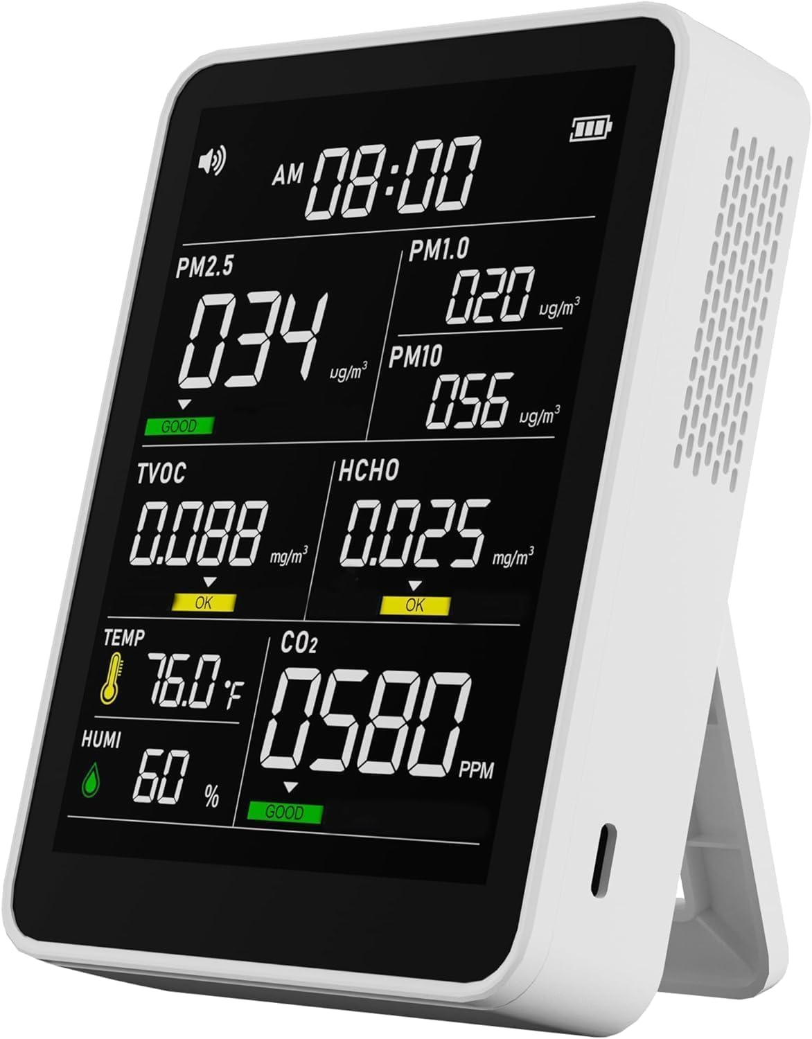 Air Quality Monitor Indoor,13-in-1 Smart Air Quality Tester with PM 2.5, CO2, TVOC, HCHO, PM1, AQI, PM10, Temperature & Humidity, Real Time Display, Battery Powered, for Home & Office