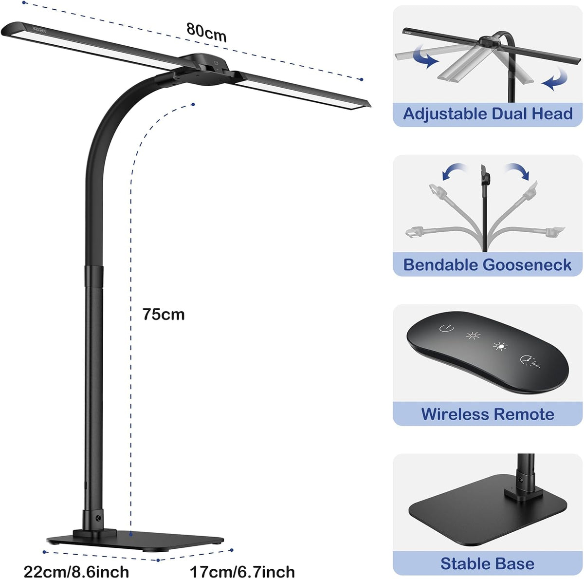 24W LED Desk Lamp for Home Office, 1500lm Dual Head Task Light with Remote
