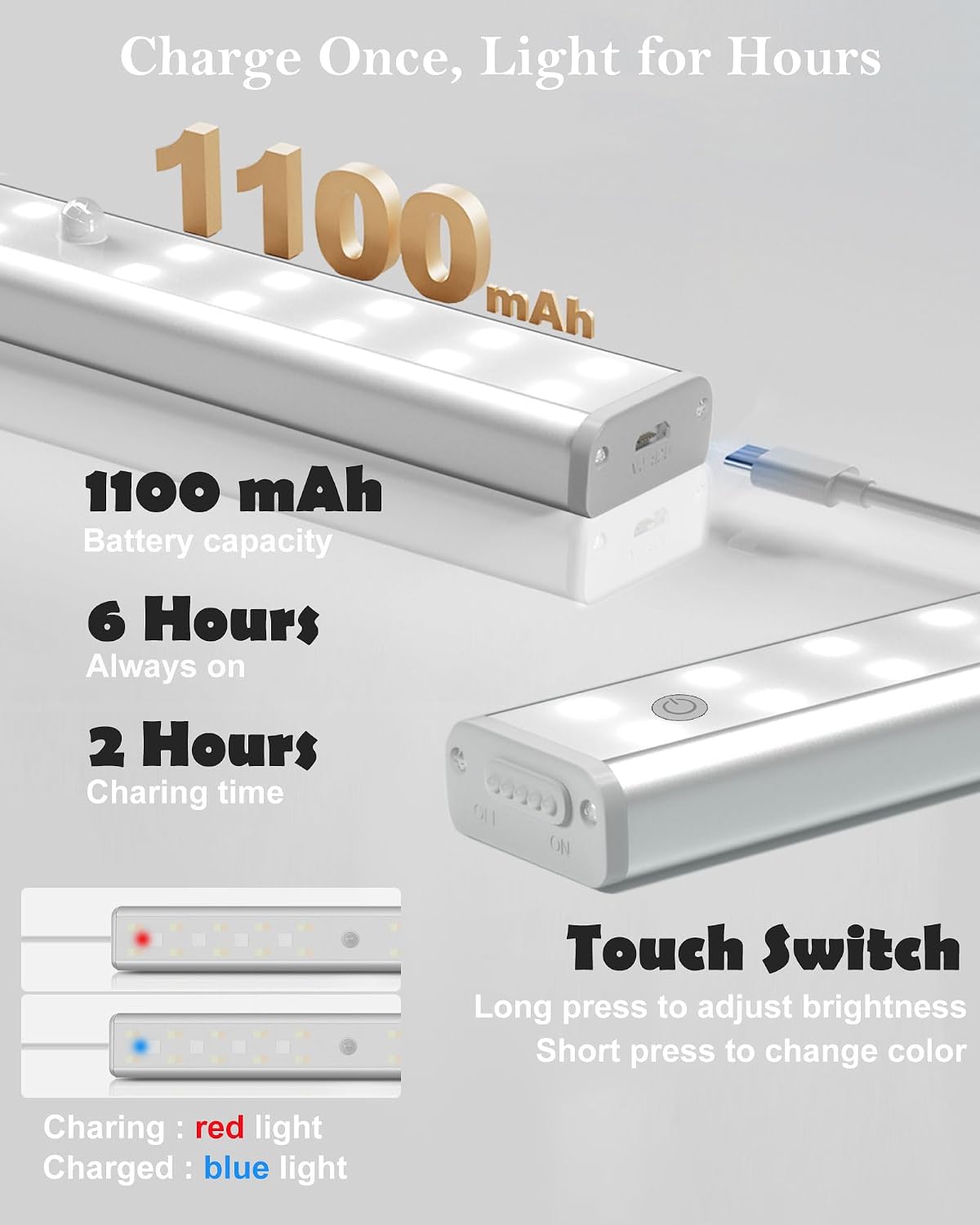 Under Cabinet Lights Wireless, 48-LED Under Cabinet Lighting Rechargeable, Closet Light with Timer & Dimmable, Under Counter Lights for Kitchen Shelf Pantry Desk (4 Packs)