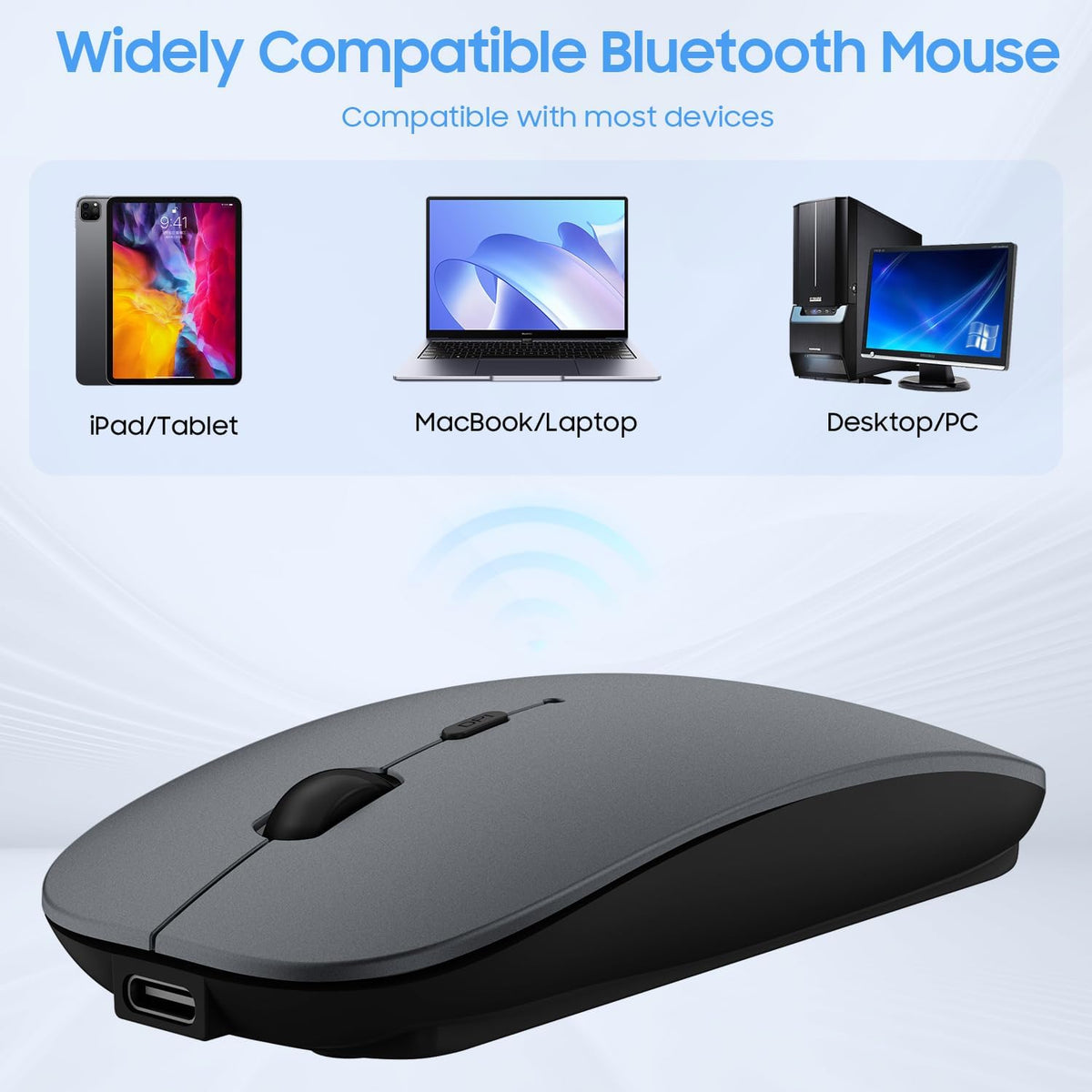 SUNGI Bluetooth Mouse,Wireless Slim Silent Mouse Jiggler Rechargable Mouse for iPad/MacBook/Tablet/PC/Cellphone,Gray