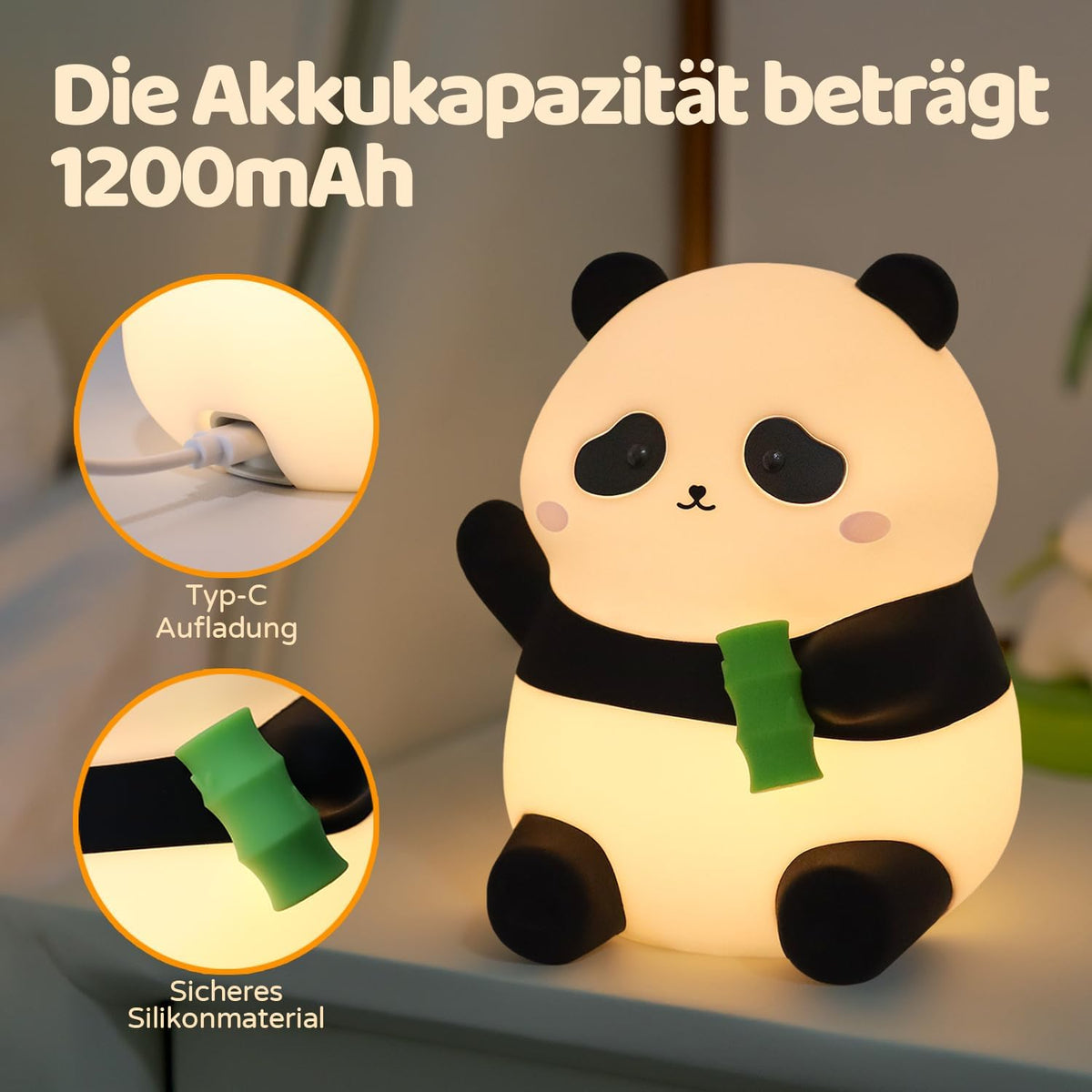 Rytinazzz Silicone Night Light for Kids, 50H Long Battery Panda Lamp, Gift for Kids, Soft Dimmable Bedside Light, Rechargeable Tap Control