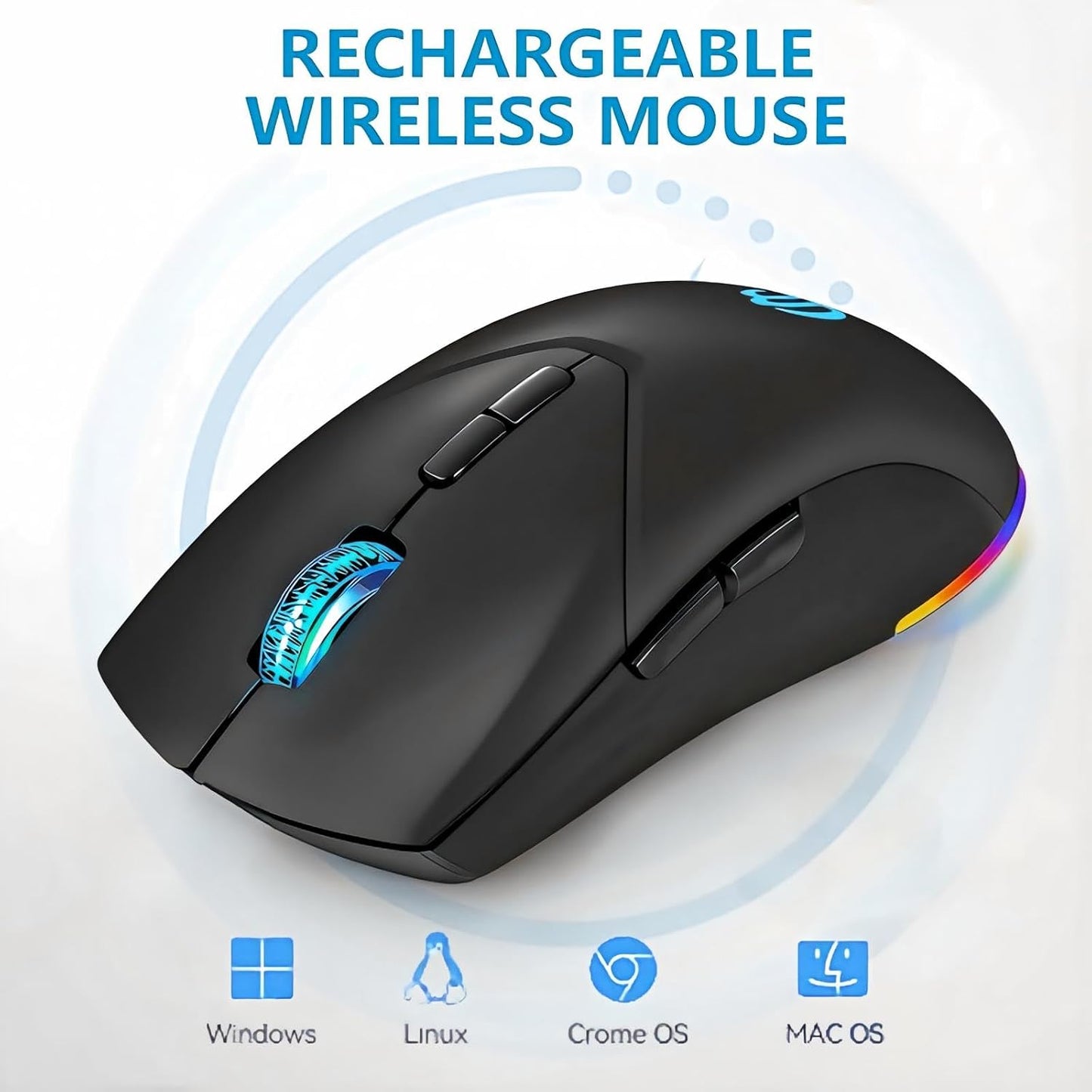 Wireless Mouse, Bluetooth Rechargeable Mouse, Dual Mode BT 5.2 + 2.4G USB Silent Wireless Bluetooth Mouse, RGB Ergonomic Design, 3-Level Adjustable DPI Mouse for Laptop, PC, Mac, Ipad, Black
