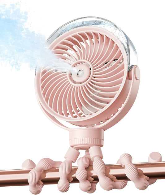 SWEETFULL Misting Stroller Fan – Portable Baby Fan with Spray Cooling, 4 Speeds, Quiet Rechargeable Fans for Travel, Outdoor, Golf Cart, Car Seat, Beach (Pink)