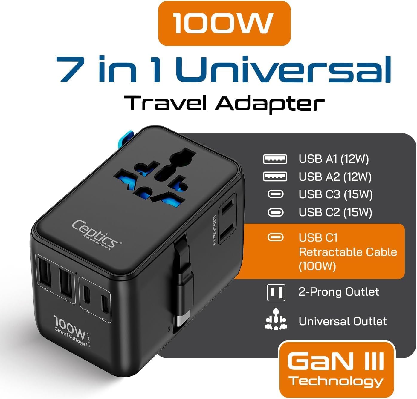 Ceptics GAN 100W Universal Travel Adapter with Retractable USB-C Cable, 2X USB-A & C, Universal Input and 1x USA/JP Input, 7 in 1 Universal Adapter for Worldwide Travel - Type A, C, G, I Output