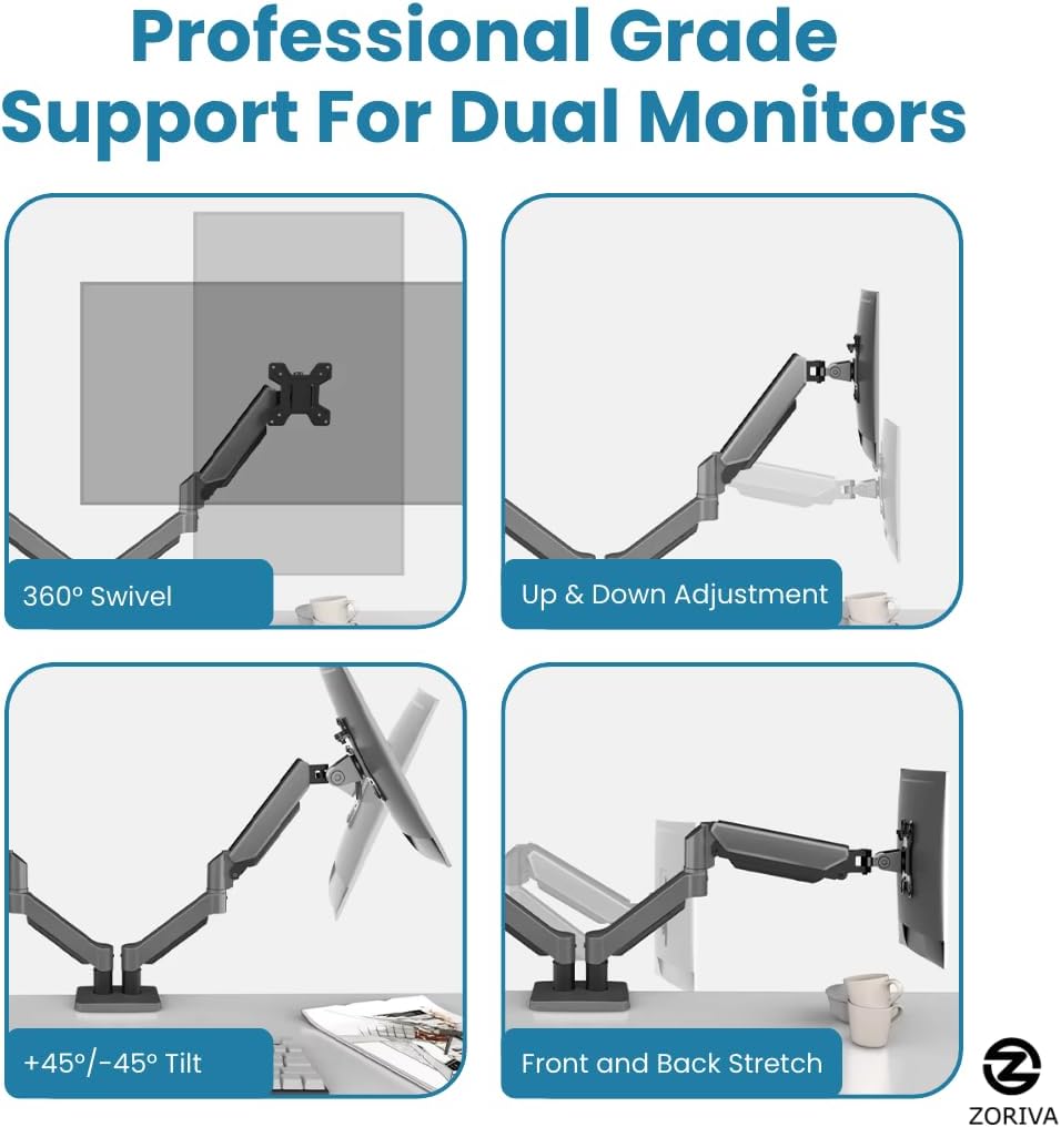 Dual Monitor Arm Full Motion Gas Spring Desk Mount for 17-32" Screens, Space-Saving VESA Stand for Gaming, Work, and Productivity