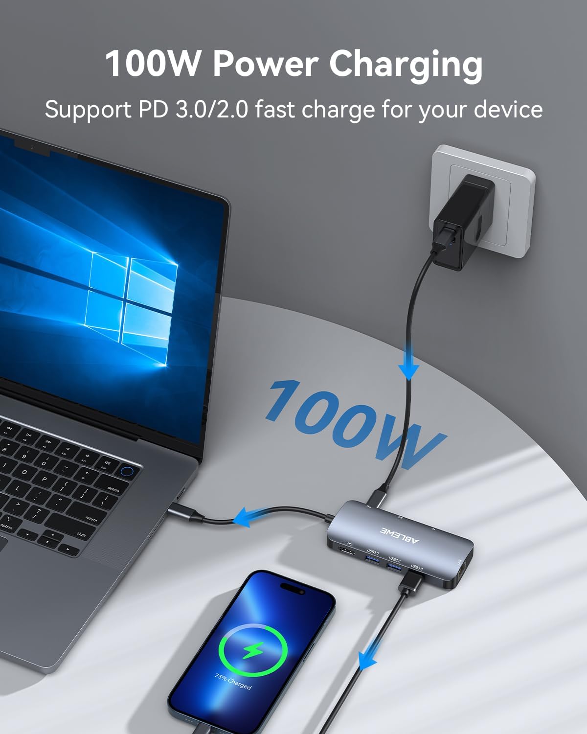 ABLEWE USB C Hub Ethernet 8-in-1, Multiport USB C to HDMI Hub, 4K@60Hz,1000Mbps, 100W PD, 3 USB 3.0 Ports, Docking Station Compatible with MacBook Pro/Air, Tablet, Phone, Type C Devices