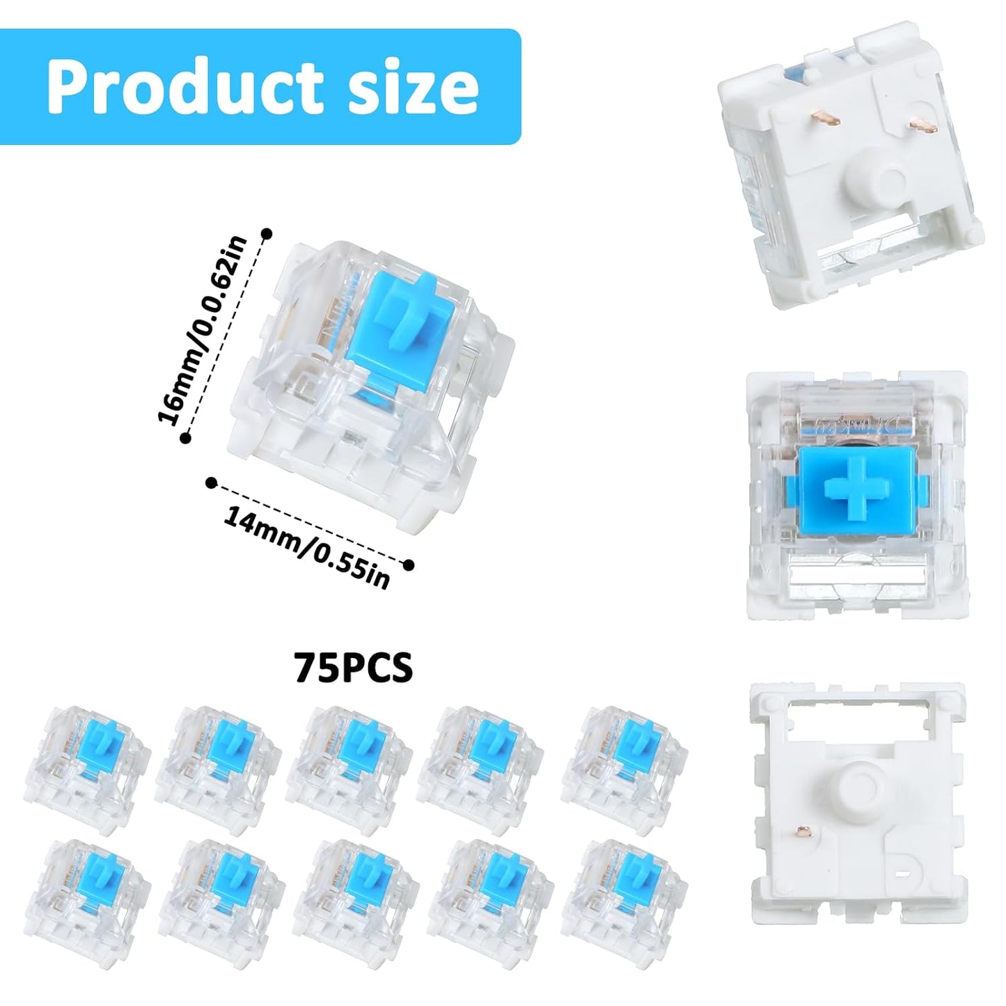72 Pieces Blue Mechanical Keyboard Switches, 3 Pin Pre-Lubricated Clicky Key Switches, Dustproof and Waterproof Keyboard Accessories for Mechanical Gaming Keyboard