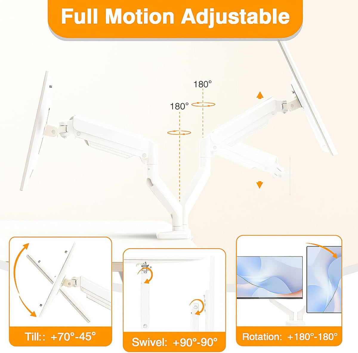 Dual Monitor Arms, Gas Spring Monitor Arms for 2 Monitors up to 34" Curved/Flat, 22lbs per Arm, VESA Mount 75x75 100x100mm, C-Clamp & Grommet Base, Adjustable Tilt/Swivel/Rotation White