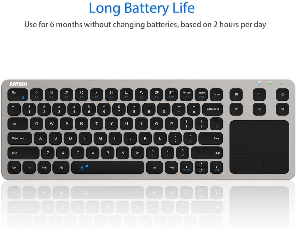 Arteck 2.4G Wireless Touch TV Keyboard with Easy Media Control and Built-in Touchpad Mouse Solid Stainless Ultra Compact Full Size Keyboard -Connected Computer, Smart TV, HTPC