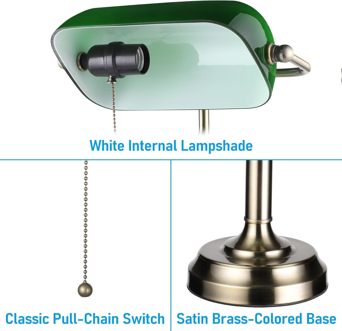 TORCHSTAR Green Glass Bankers Desk Lamp with Pull Chain, E26 Base | Brass Finish Base, Antique Traditional Library Lamp for Office Study Room, Bulbs not Included