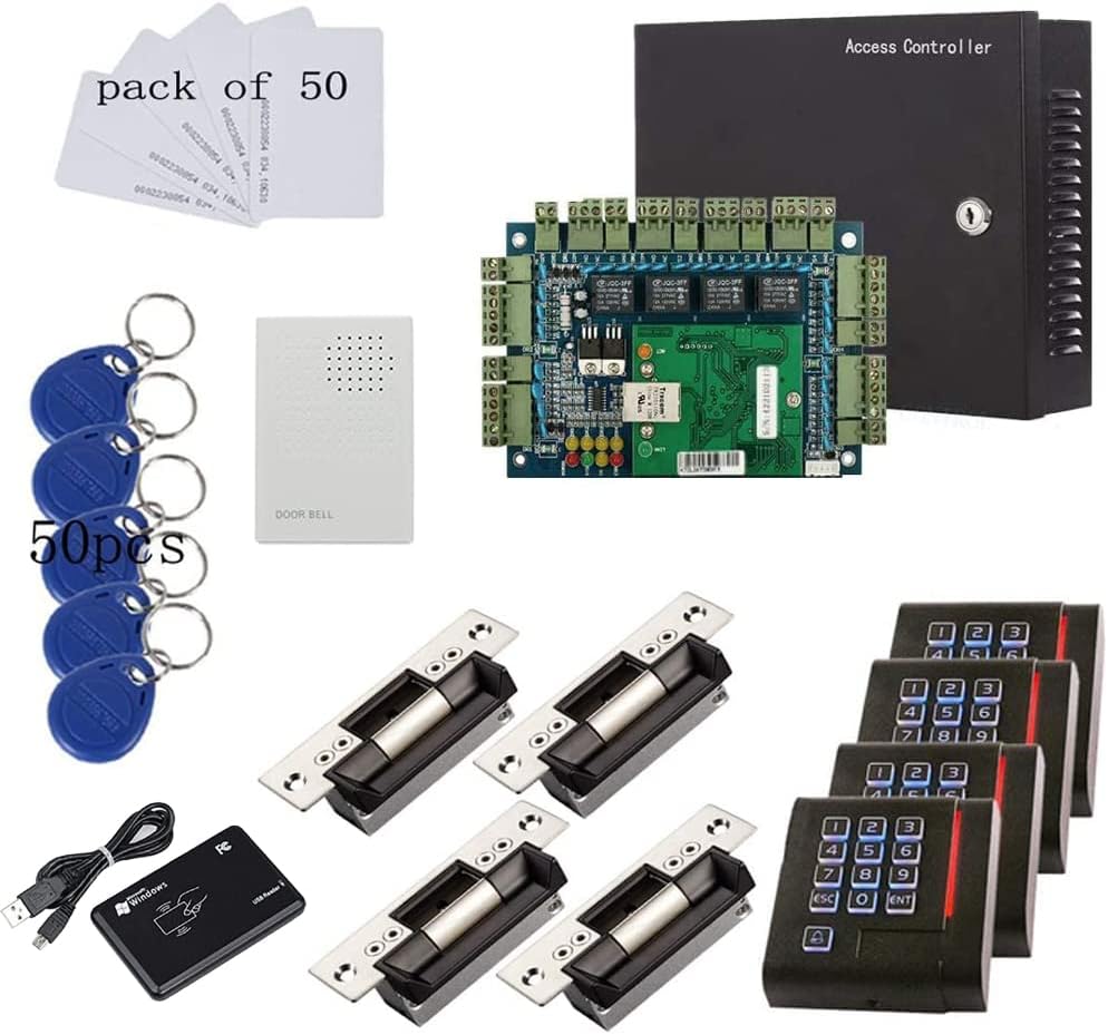 Request to Exit PIR Motion Sensor 4 Doors Access Control Electronmagnetic 600 LBS Magnetic Lock 110-240V Power Supply Box RFID Keypad Reader Keyfobs/Cards(Phone APP remotely Open Door)