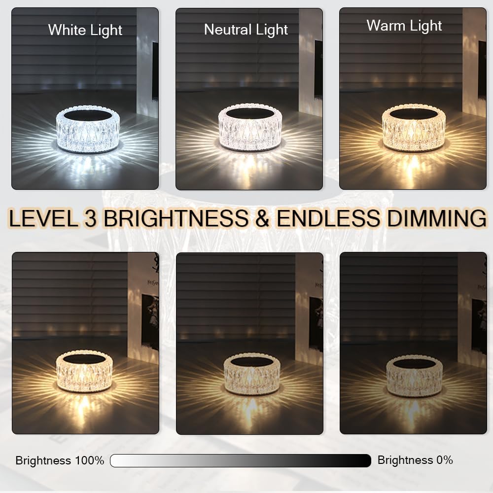 Portable Crystal LED Table Lamp, 3-Levels Brightness Desk Lamp,3 Color Touch Control Rechargeable Lamp for Bedroom Living Room Decor (3 Color)
