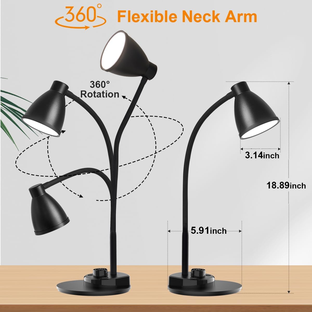 BOHON LED Desk Lamp with USB Charging Port 3 Color Modes Dimmable, Black | Reading Light Intelligent Induction Auto Dimming Task Lamp Neck Flexible Table Lamp for Bedside Office, AC Adapter Include