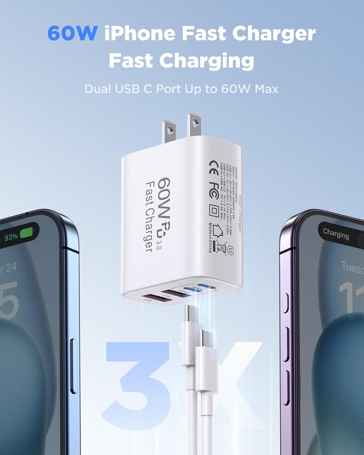 60W USB C Charger,2Pack 10FT iPhone 17 Pro Max Charger Fast Charging,4Port USB-A USBC Charger Block with 10ft USB C Cable Cord for Apple iPhone 17 Pro Max/17 Air/16 Pro Max/15 Plus/16/iPad,AirPods