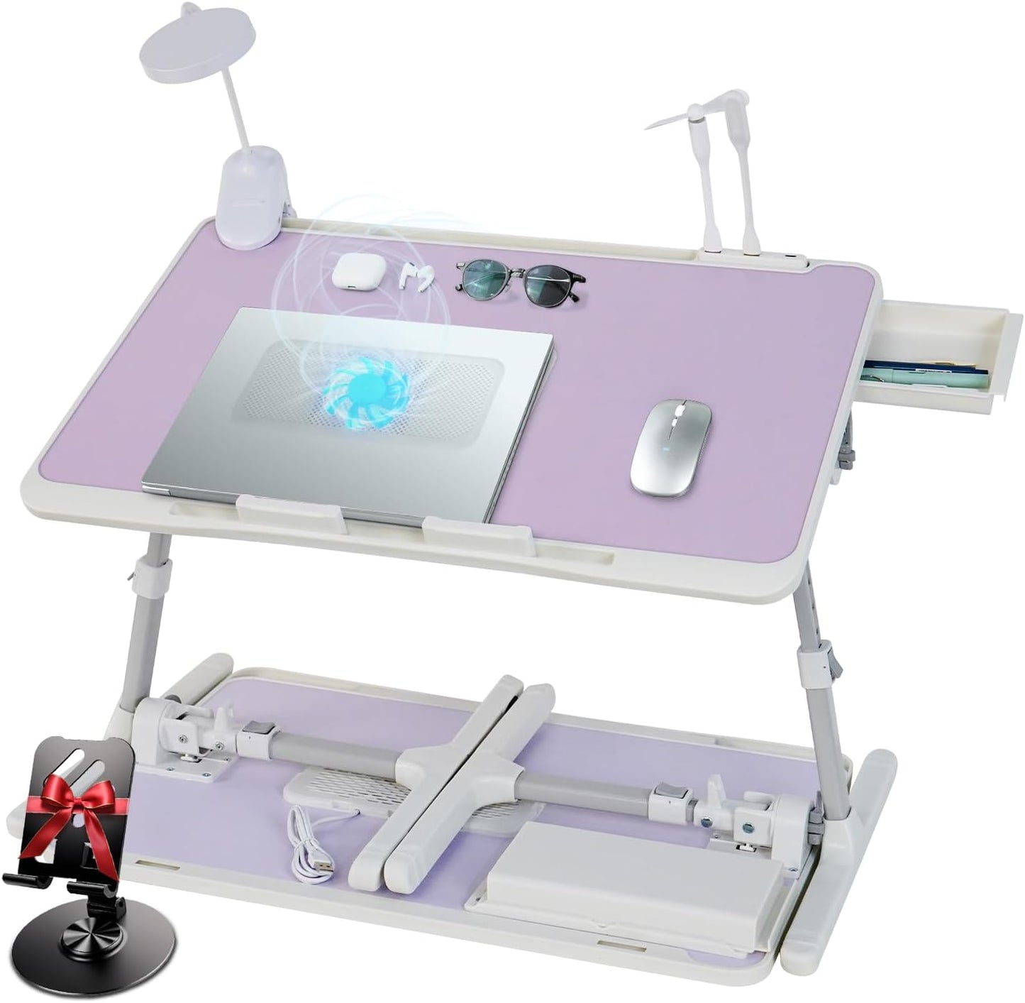 iXTRA Adjustable Laptop Lap Desk with Cooling Fan USB Light for Adults 60x40cm,Purple