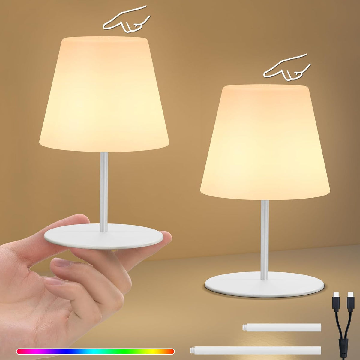 uuffoo 2 Pcs Mini Touch Shower Lamps Waterproof with 2-Step Warm White | Soft Light for Eye Care, Cordless Recharge lamp, RGB, IP44, Dual Plug USB Charging Cable, Color Temperature Memory (White)