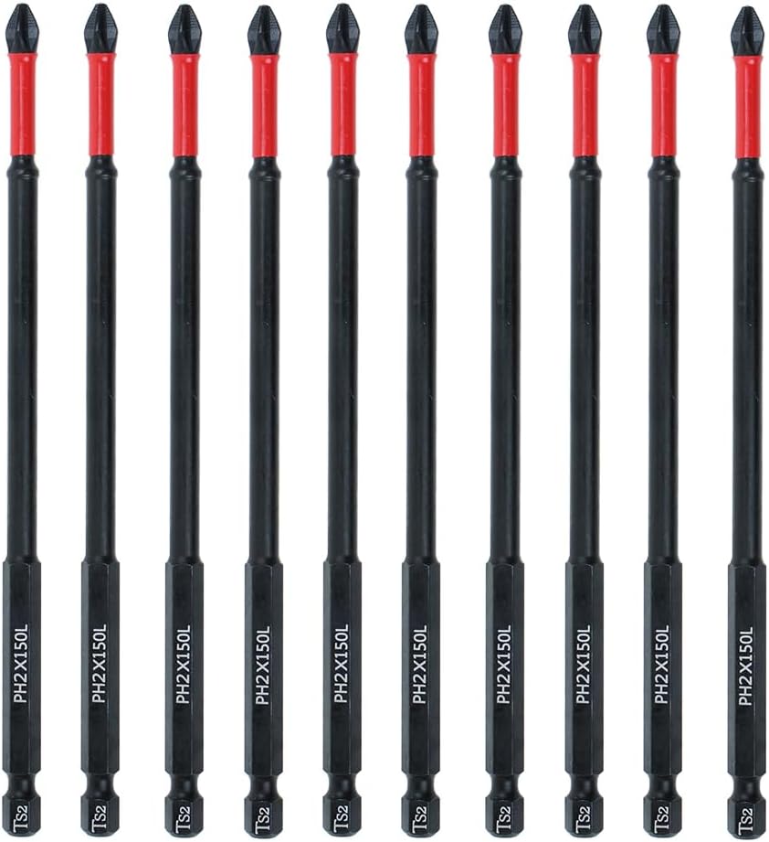 10 Pack Long Phillips Bits Magnetic Anti Slip Screwdriver Bits | 6 inch Long PH2 Bit with Anti-Slip Tip, Strong Magnetic Holding Impact-rated Durability Phillips #2 Bits for Impact Driver