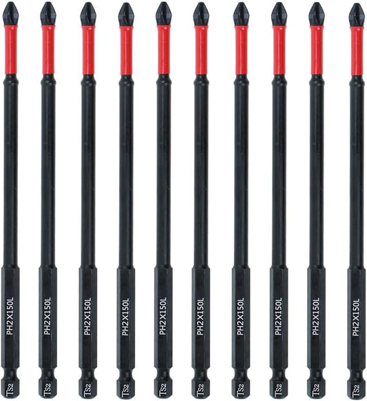 10 Pack Long Phillips Bits Magnetic Anti Slip Screwdriver Bits | 6 inch Long PH2 Bit with Anti-Slip Tip, Strong Magnetic Holding Impact-rated Durability Phillips #2 Bits for Impact Driver