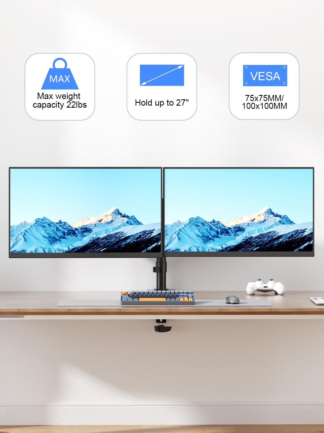 Suptek Dual Monitor Desk Mount, Adjustable Dual Monitor Arm for 2 Computer Screens up to 27 inch, Dual Gas Spring Monitor Arm, Holds up to 22 lbs Each, VESA 75x75/100x100 mm, Black (MD9442)